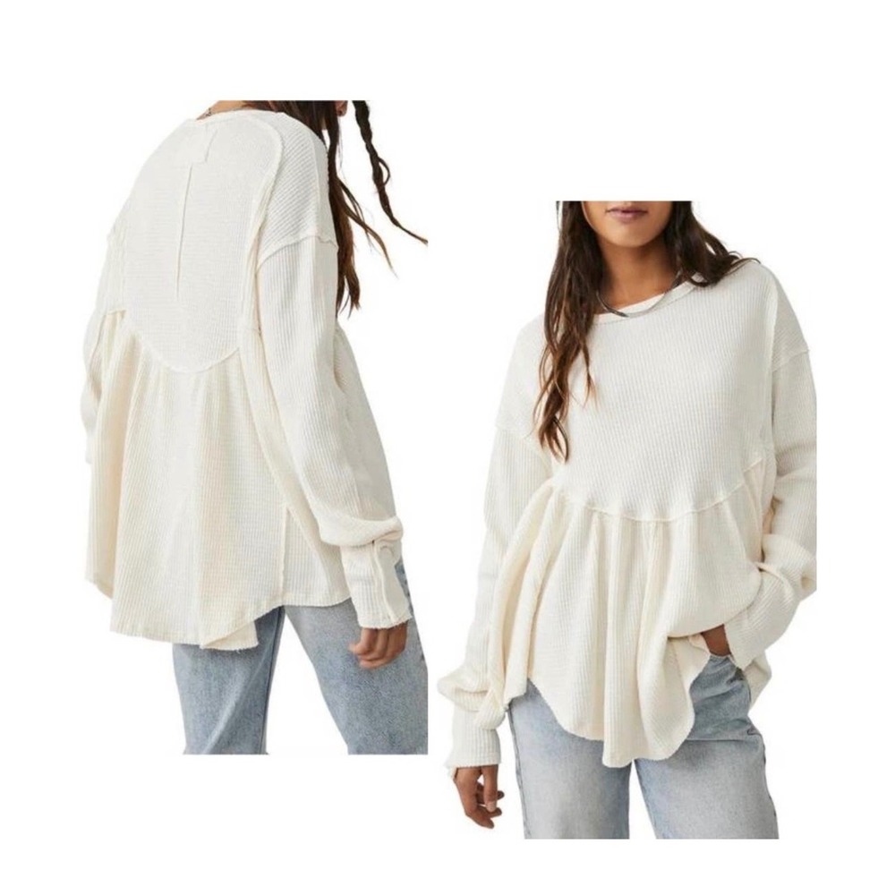 We The Free Snowy Thermal XS Ivory Waffle Knit Peplum High Low Boho Top
